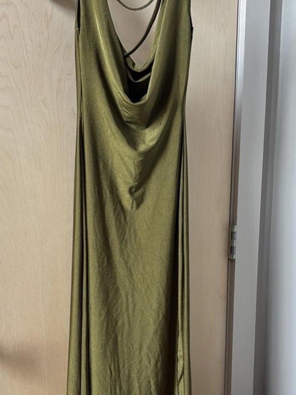 Olive Green Asymmetric Hem Cowl Neck Maxi Dress XS